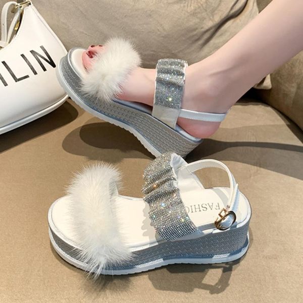

dress shoes platform sandals women high heels wedges fashion casual designer furry rhinestone lady height increase, Black