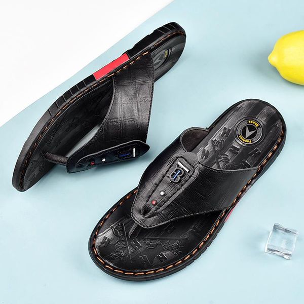 

summer men's sandals and slippers leather cowhide surface flip-flops british handmade flat beach h458, Black
