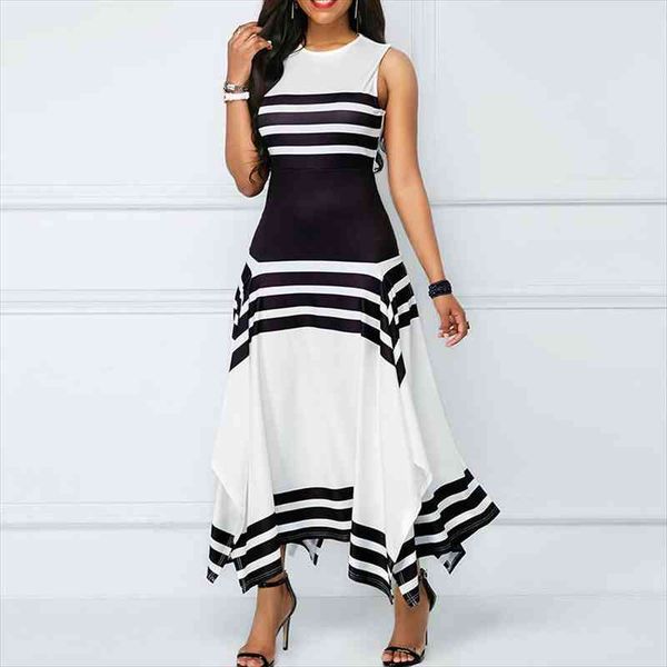 

summer fashion stripe sleeveless womens dresses round neck casual long irregular elegant party, Black;gray