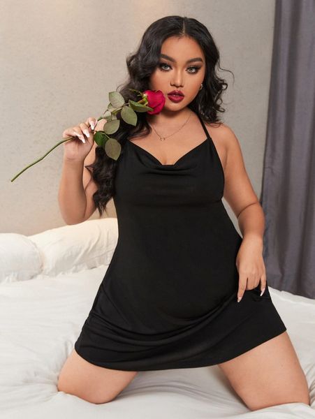 

plus eyelash lace insert crisscross back draped cami nightdress without panty s5rw#, Black;white
