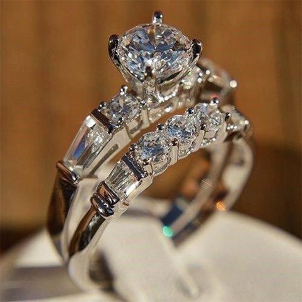 Hochzeit Ringe Shiny 2 teile/satz Weiß Stein Zirkon Verlobungsring Set Für Frauen Silber Farbe Vintage Braut Schmuck Geschenk B4N967