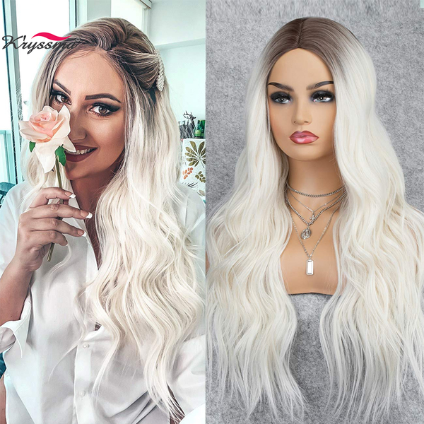 

lx brand long wavy womens wig middle part hair ombre synthetic wigs platinum/brown/pink wigs heat resistant for women partyfactory direct, Black