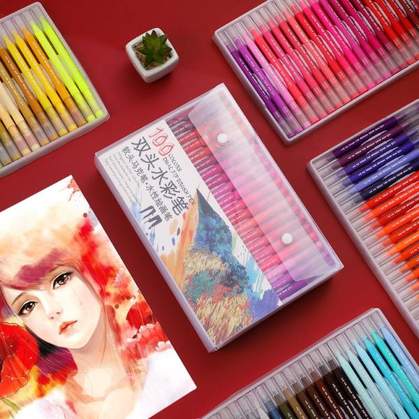 

pcs/box double-head drawing watercolor pen set student color brush sketch 0.4mm hook line art supplies gift sets