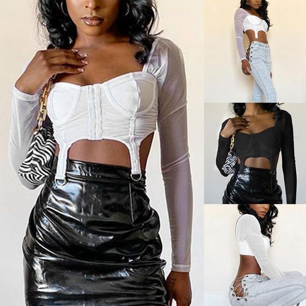

women's t-shirt fashion all-match navel gauze stitching slim short top, White