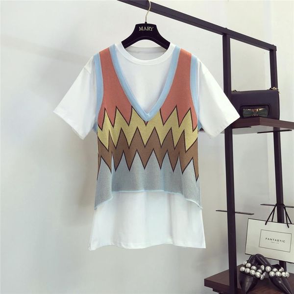 

summer women fashion o neck t-shirt + knitted vest 2 pcs sets female causal a1742 210428, White