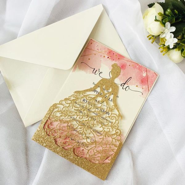 

laser cut wedding invitations card hollow bride invite with pearl paper inserts and envelope for bridal shower engagement 100pcs greeting ca