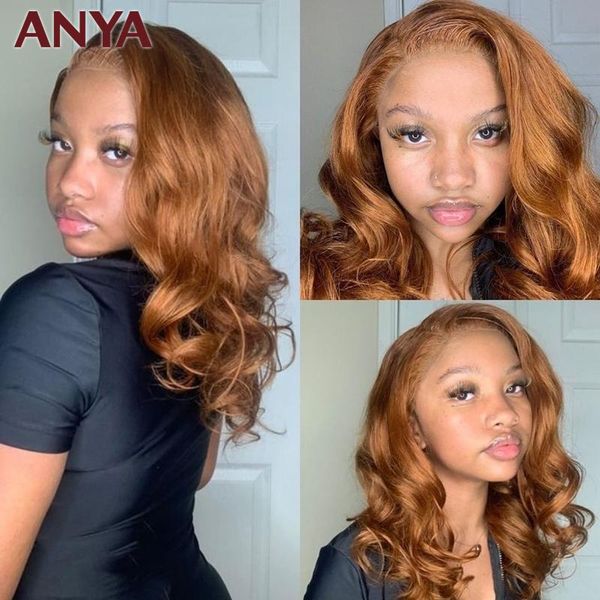 

lace wigs anya brown orange color 13x4 front wig pre plucked body wave human hair transparent peruvian remy for women, Black;brown