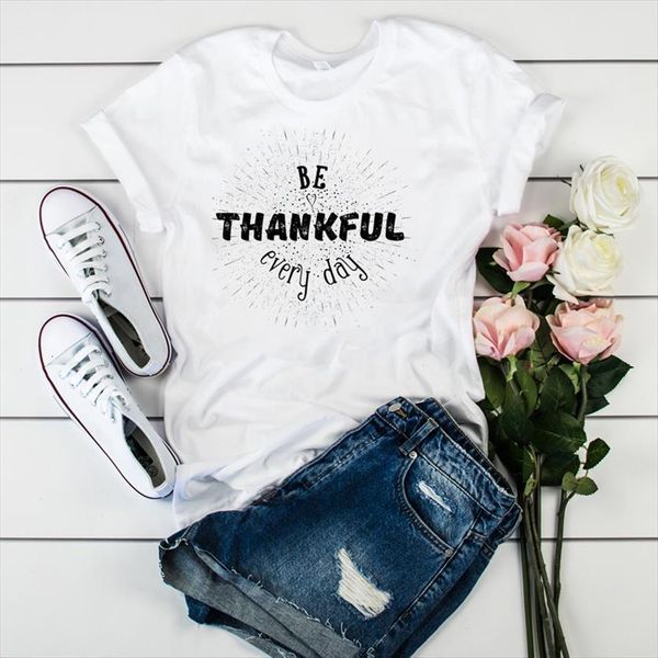 

graphic be thankful letter womens t shirts fashion print thanksgiving clothes tee, White