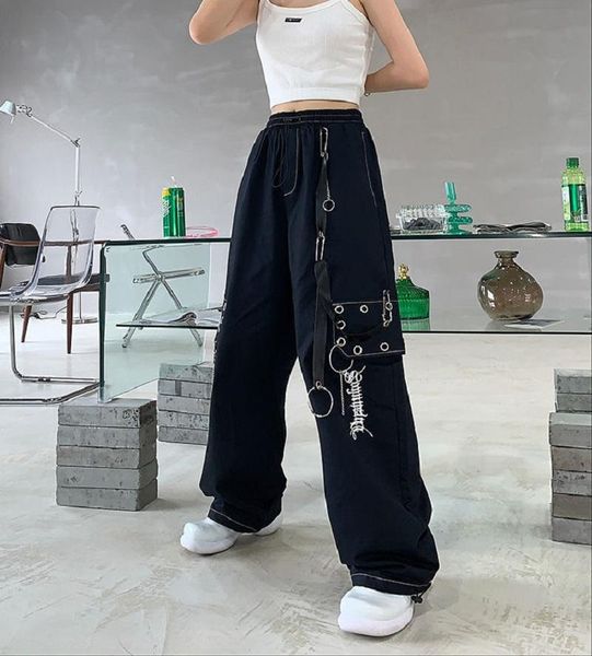 

women's pants & capris gothic harajuku black cargo women chain wide leg goth hiphop streetwear white trousers loose female korean fashi, Black;white