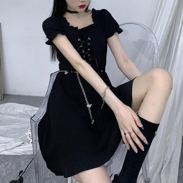 

casual dresses houzhou women's goth dress summer harajuku punk black mini gothic dark streetwear bandage chain cool girl y2k outfits, Black;gray