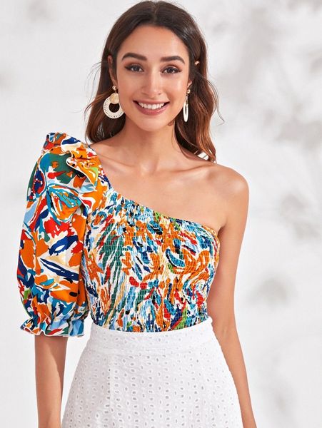 

allover print shirred ruffle one shoulder m4co#, White