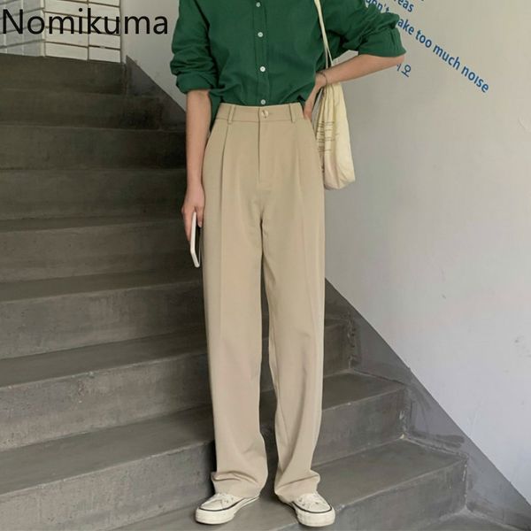 

nomikuma straight suit pants women solid color casual loose full length trousers female korean vintage all-match pantalones 210514, Black;white
