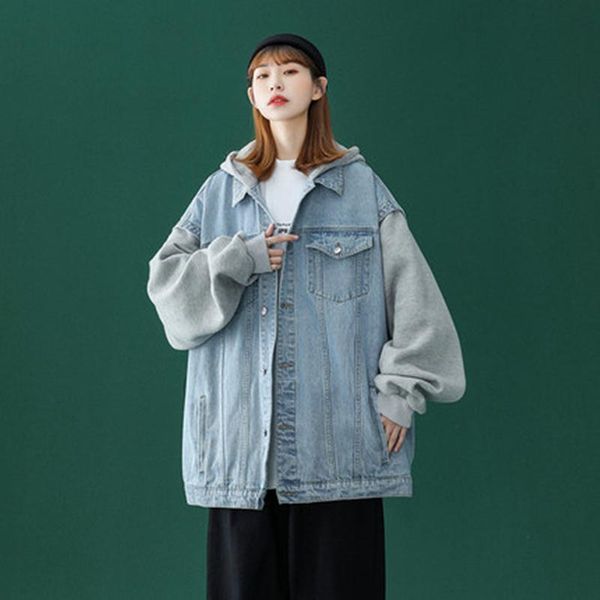 

women's jackets women jacket autumn and winter denim casual loose korean patchwork hooded vintage 2021, Black;brown