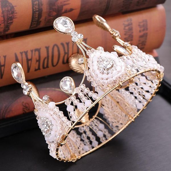 

hair clips & barrettes bridal pink gold tiara vintage royal full round crown alloy rhinestone beaded tiaras bridesmaid king headband for wom, Golden;silver