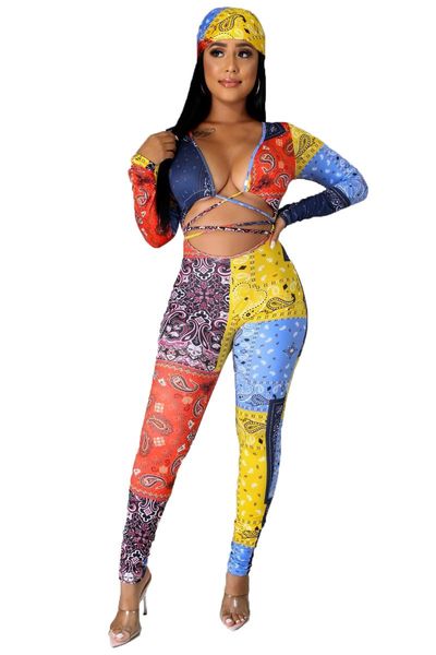 

women's two piece pants digital color matching printed lace-up breast-wrapped jumpsuit autumn product long-sleeved trousers, White