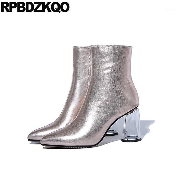

boots chunky genuine leather fall luxury high heel pointed toe side zip shoes short ankle transparent female 2021 clear women1, Black