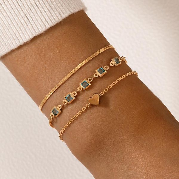 Braccialetti con ciondoli 3 pezzi / set Luxury Blue Square Pietra di cristallo per le donne Charms Love Heart Layered Metal Bangle Lady Jewelry 20904