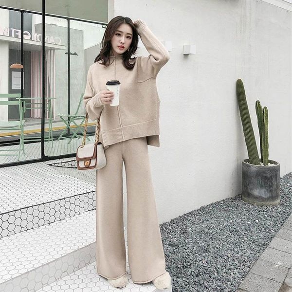 

women's two piece pants set pullover sweater tracksuit high waist knit wide leg solid track suit women casual knitted, White