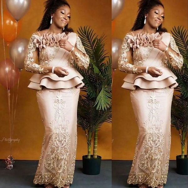 

2022 formal plus size champagne mother of the bride dresses jewel neck long sleeves lace appliques floor length peplum flowers party dress e, Black;red