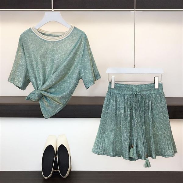 

sweet summer two piece set womens tracksuits fashion green bling short sleeve loose t shirt suits pleated wide leg, Gray