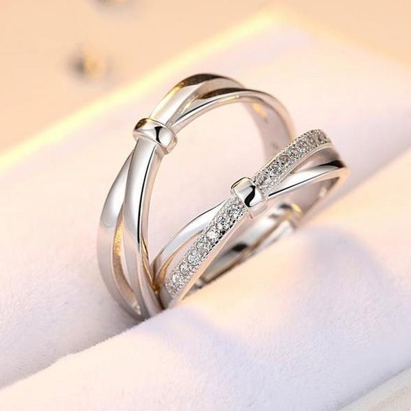 

cluster rings korean s925 sterling silver couple ring female jewelry bow opening size adjustable lovers wedding engagement for men women, Golden;silver