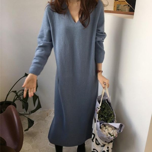 

casual dresses harajuku long sweater dress korean fashion v-neck loose women's knitted oversize, Black;gray
