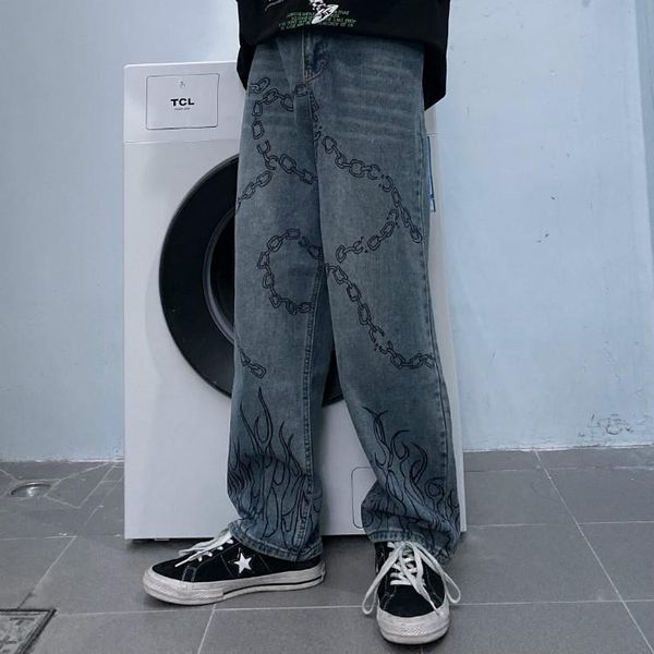 

women's jeans gothic fashion vintage women high waist straight street korean causal chain flame printed casual wide leg pants, Blue