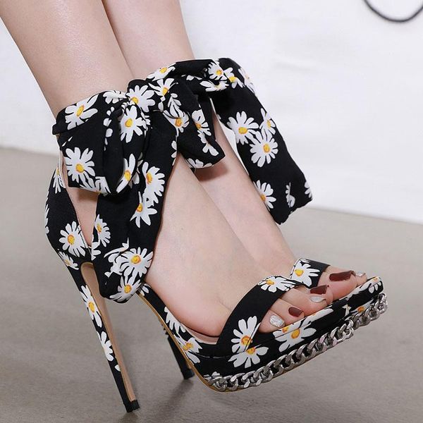 

women sandals metal chain decoration 14cm super high heels platform shoes woman pumps sweet floral thin, Black