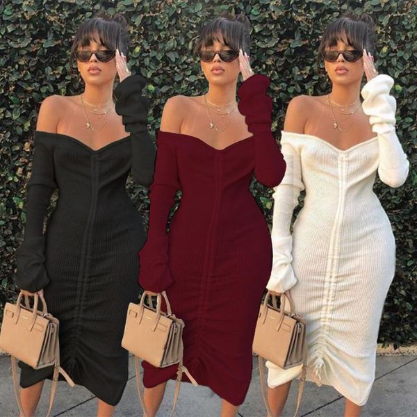 

casual dresses slash neck bodycon dress woman long sleeve female vestido sheath, Black;gray