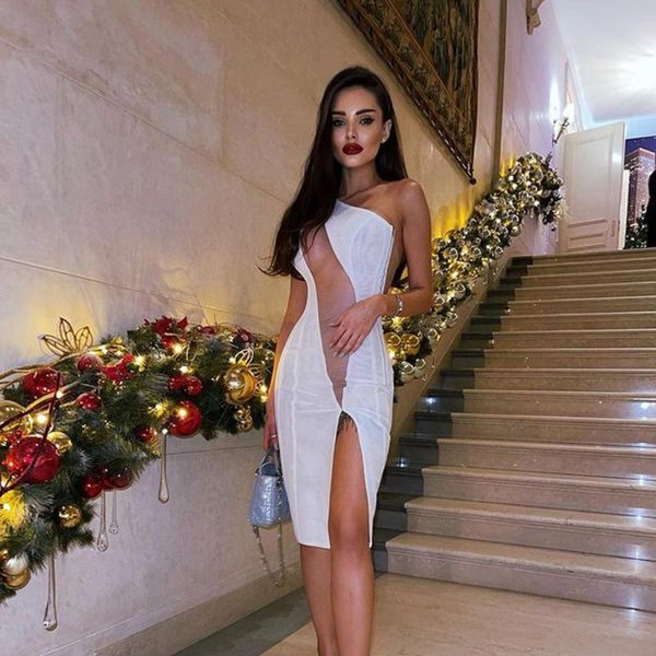 

casual dresses 2021 summer celebrity party bandage dress women white sleeveless one shoulder split night out fashion vesti, Black;gray