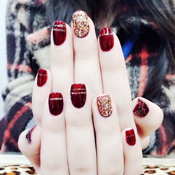 

pcs french nails nude red wine gradient fake nail art for wedding false tip decoration1, Red;gold