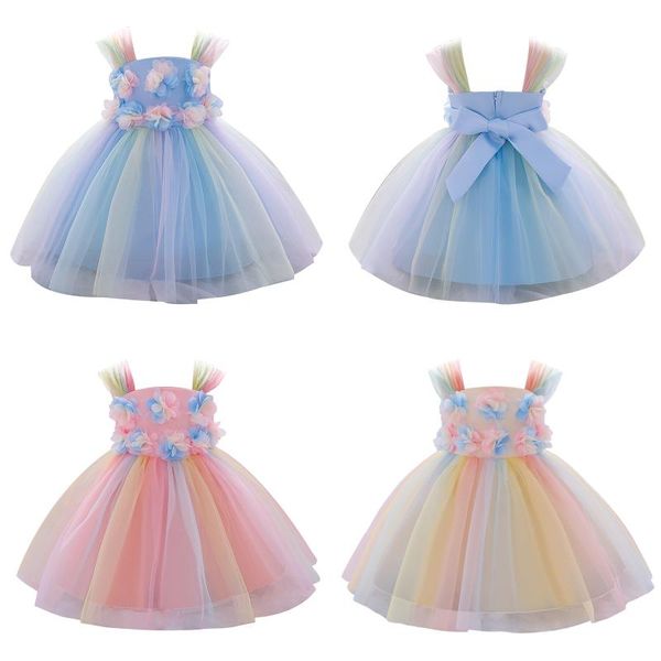 

toddler color block tulle dress, summer baby girl sleeveless flower square collar bowknot ball gown girl's dresses, Red;yellow
