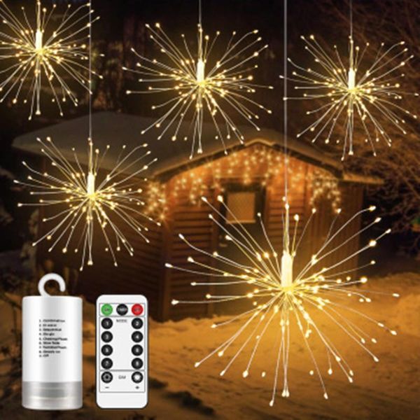 

120-200 led hanging starburst fireworks lights silver wire fairy light remote control string wedding decoration for home strings
