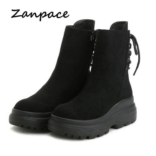 

boots zanpace autumn velvet british style winter women platform flats shoes woman middle barrel thick heels boats mujer, Black