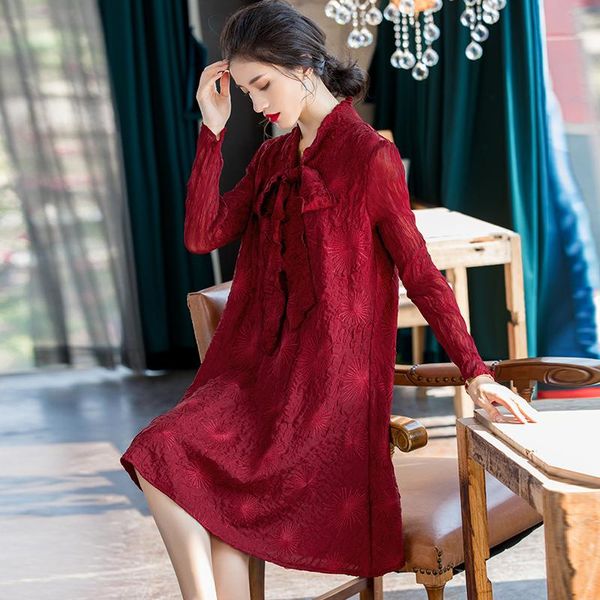 

casual dresses plus size dress long sleeve 2021 women spring fashion bow collar embroidery loose a line, Black;gray