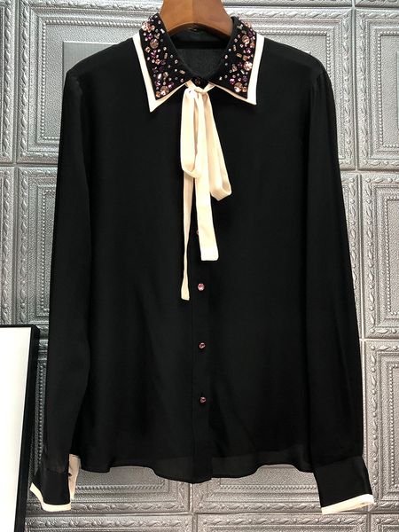

capris 100%silk blouse 2021 spring summer blouses women turn-down collar sequined deco black apricot elegant shirt female, Black;gray
