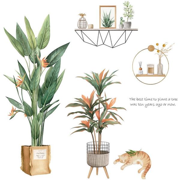 

wall stickers nordic style green leaf pot living room bedroom kids rooms decor cute cat decals pvc home