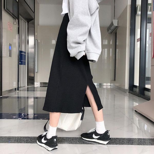 

skirts 4 colors autumn high waist straight womens 2021 solid color back split a line long, Black