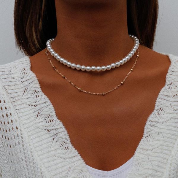 

pendant necklaces big round imitation pearl double layer femme choker luxury party necklace for women trend gift, Silver