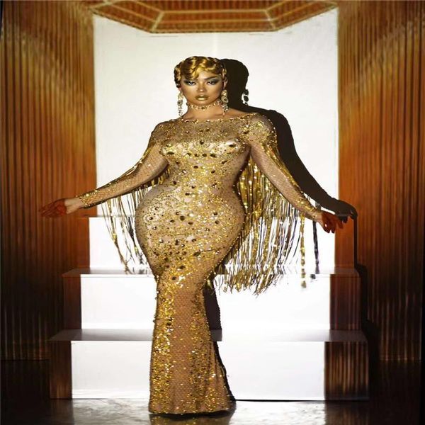 

party decoration h09 dance wears gold rhinestones long tassels evening dress printed sleeve diamonds skirt perform costume