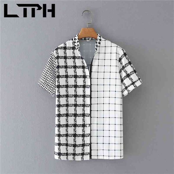 

ltph black white checkered shirt straight single breasted loose shirts v-neck short sleeve vintage blouses women summer 210423
