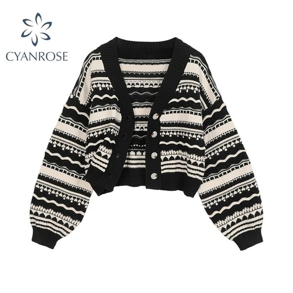 

cardigan sweater women's autumn winter casual vintage v neck cardigans button long sleeve loose female knitted sweaters 210914, White;black