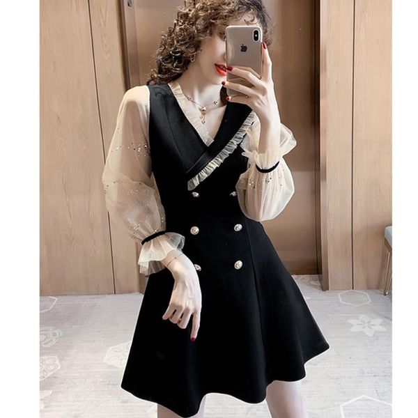 

casual dresses #5010 black short party dress women v neck spliced mesh long sleeved blazer double breasted vestido mini tide, Black;gray