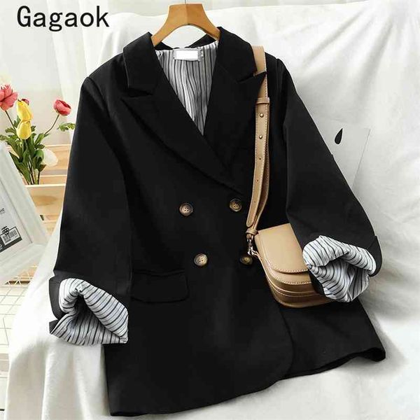 

office lady fashion women jacket spring autumn lapel striped long pockets jackets loose chic wild coat k3790 210531, Black;brown