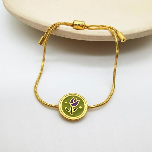 

charm bracelets japan and south korea simple temperament hipster dark green enamel tulip flower round adjustable bracelet jewelry female, Golden;silver