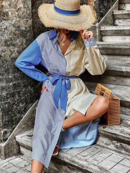 

colorblock vertical striped drop shoulder belted shirt dress i6yb#, Black;gray
