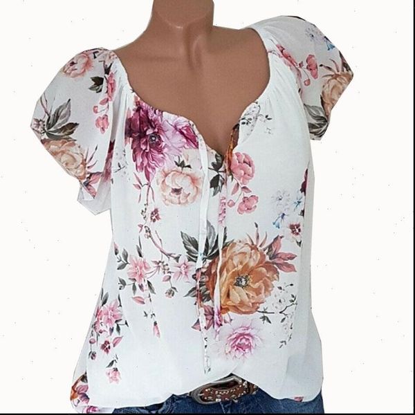 

chiffon womens shirts blouse fashion short sleeve women blouses v collar floral print office shirt blusas chemise femme, White