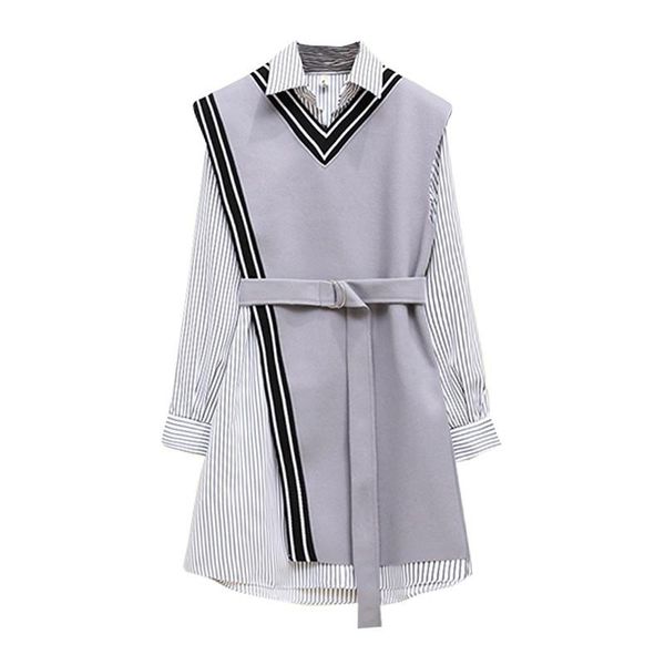 

casual dresses vsue women two pieces set striped shirt dress sash office lady asymmetrical elegant turn down collar mini short d0902, Black;gray