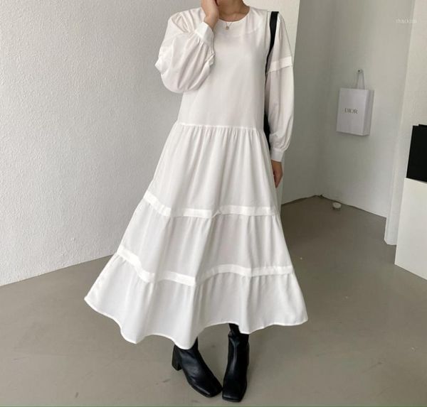 

korean chic women loose waist dress 2021 spring white color o neck lantern sleeve female casual oversized long dresses, Black;gray