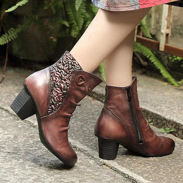 

boots johnature retro 2021 autumn winter platform women shoes genuine leather round toe zip flower handmade ankle, Black